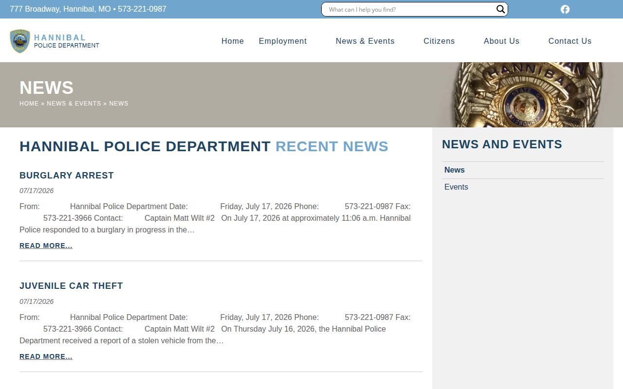 Hannibal Police Department official arrest-news page for Marion County record research